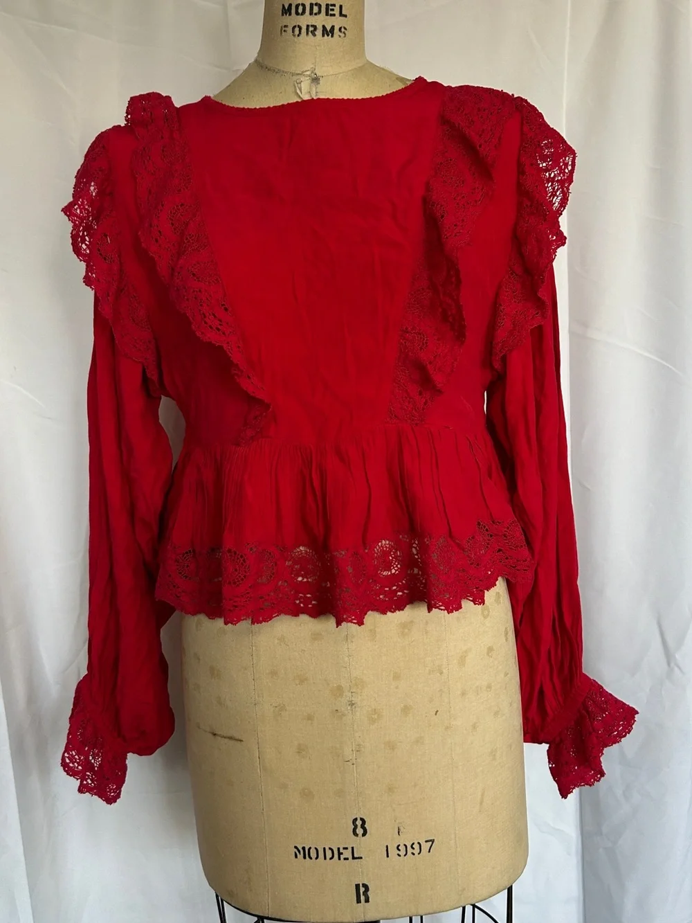 Free People Red Lace Trim Ruffle Blouse